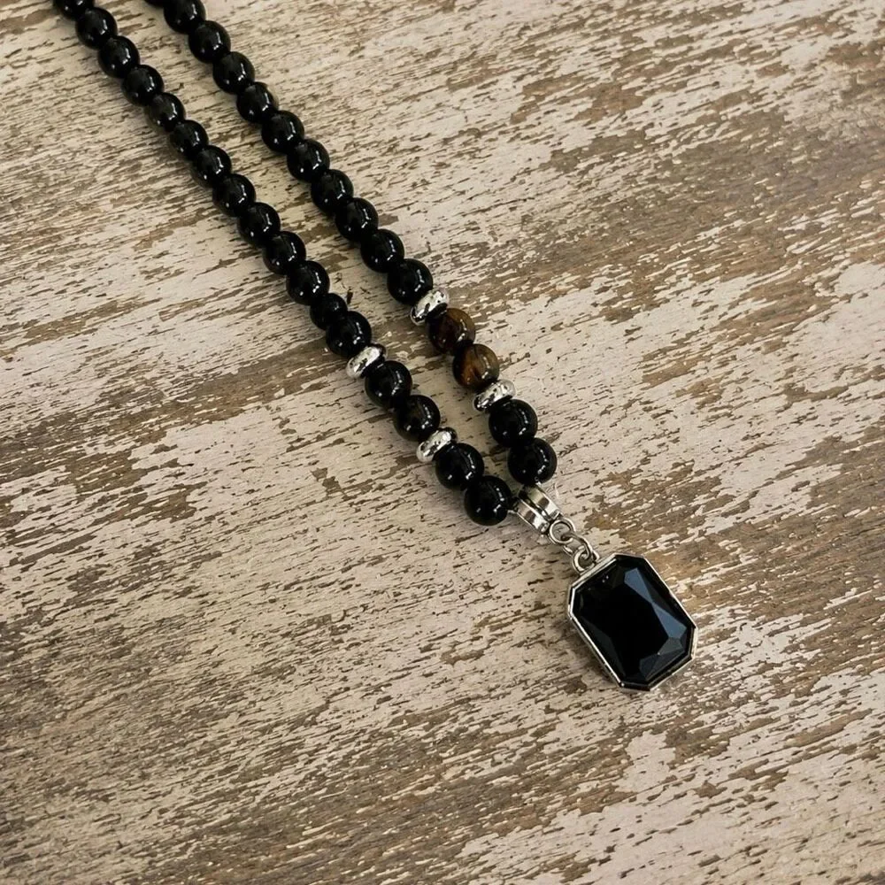Men’s Tiger Eye & Black Bead Pendant Necklace